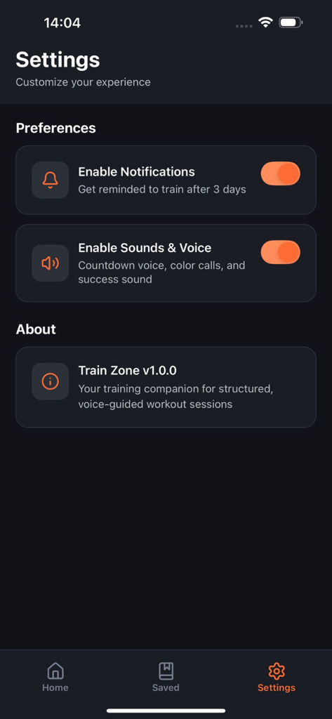 TrainZone - Interface de configurações do aplicativo TrainZone com opções para notificações e comandos de voz.