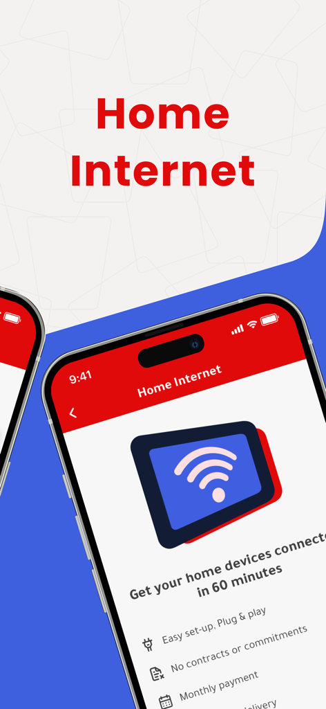 Virgin Mobile UAE app screen showing Home Internet features with 60-minute setup and no contract commitments.