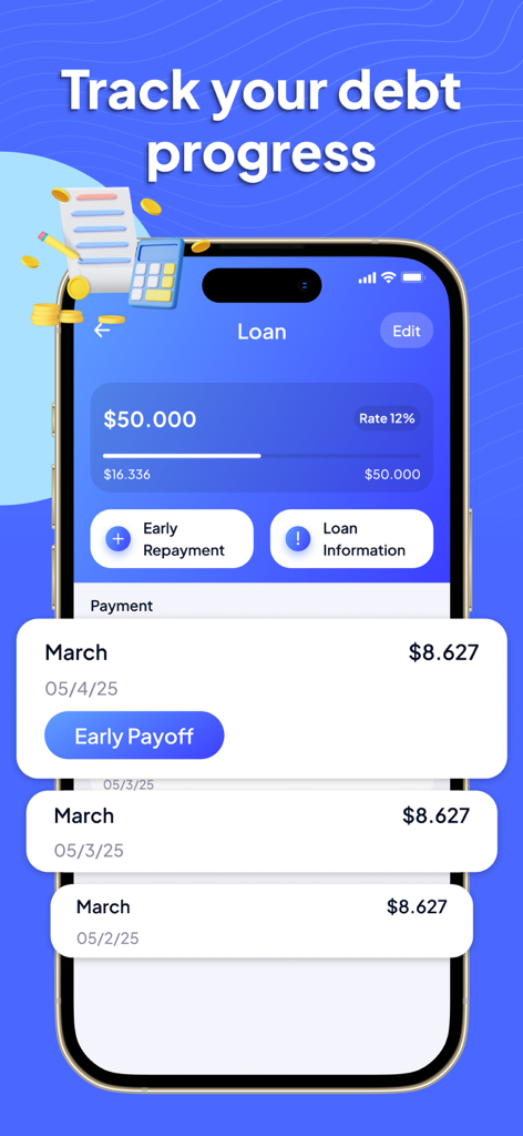 Loan Tracker: Smart Loan - Interface mobile de l'application Loan Tracker montrant un solde de prêt et un calendrier de paiement