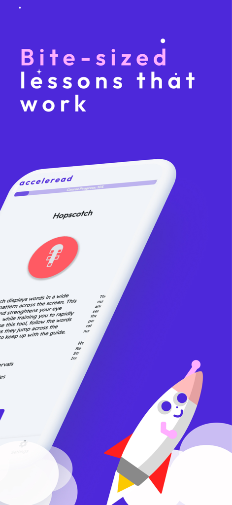 Speed Reading | Acceleread - Mobile app screen for Acceleread showing bite sized speed reading lessons