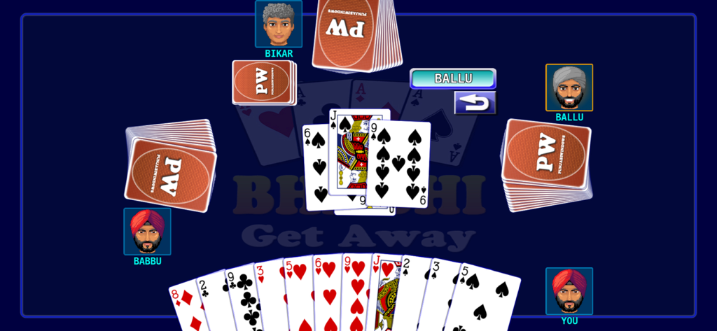 Card Game Bhabhi Get Away - Gameplay interface of Bhabhi Get Away card game showing player avatars and digital playing cards on a blue table