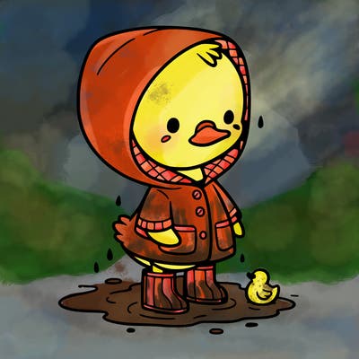 baby duck in a rain coat and boots, in a puddle while it’s raining