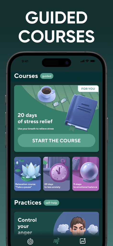 Relaxing Games by StressBall+ - Mobile app interface showing guided courses for stress relief anxiety and emotional balance in StressBall plus