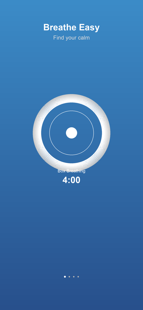 Breathe Easy - Calm Breaths - Breathe Easyアプリインターフェース。ボックス呼吸セッションが、円形のガイドと4分間のタイマーとともに表示されています。