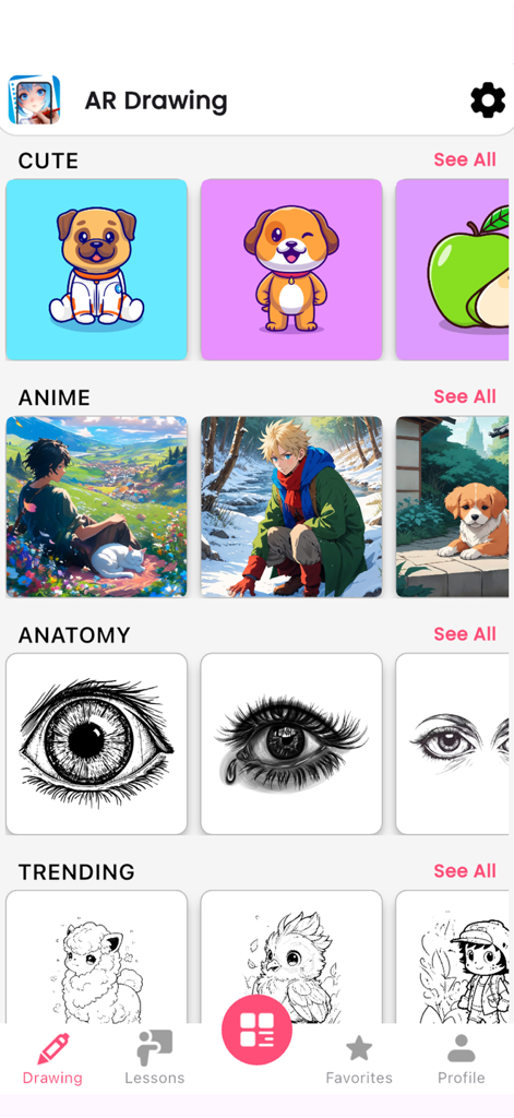 AR Drawing: Sketch Art & Trace - The home screen of the AR Drawing app featuring a library of sketch templates categorized by Cute Anime Anatomy and Trending styles.