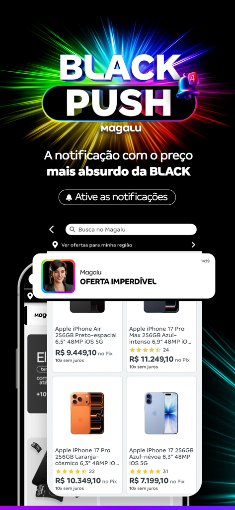 Magalu: compras com descontos - Magalu app displaying Black Push promotion with Black Friday deals on iPhones