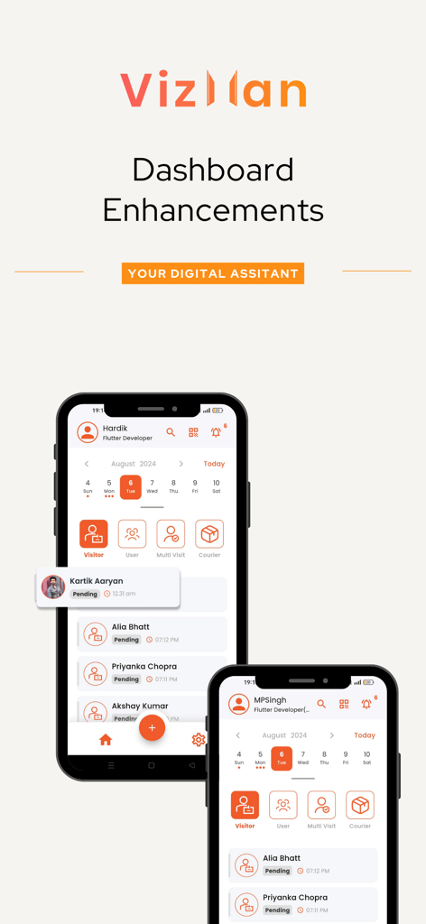 VizMan - Visitor Management - VizMan app dashboard on two smartphones showing visitor tracking and management features