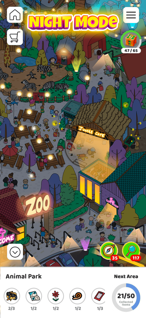 숨겨진 물건을 찾아야 하는 바쁜 동물원 장면을 보여주는 Scavenger Hunt 야간 모드 게임 플레이 스크린샷.
