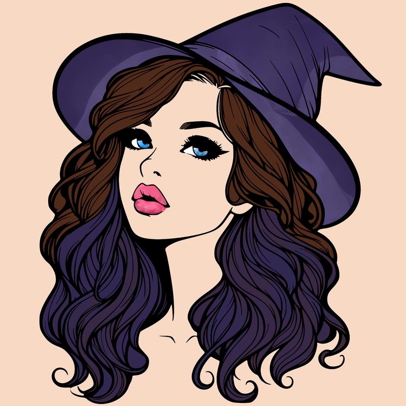 realistic witch girl with wavy hair and lips
