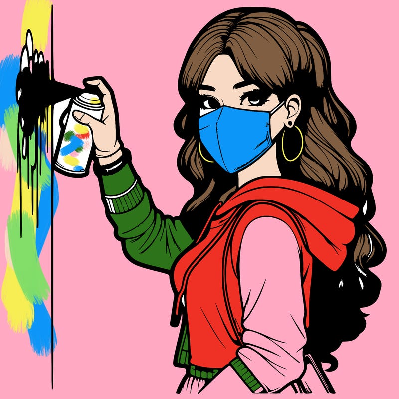 realistic girl with mask spray painting a wall
