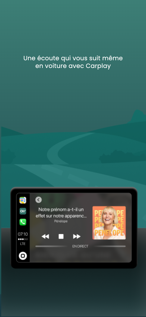 Radio-Canada OHdio - Interface de l'application Radio Canada OHdio sur un tableau de bord de voiture Apple CarPlay