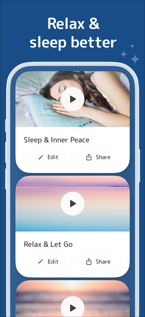 Vision Board Perfectly Happy - 睡眠、心の平和、リラクゼーションのビデオオプションを示すVision Board Perfectly Happyのモバイルアプリインターフェース。