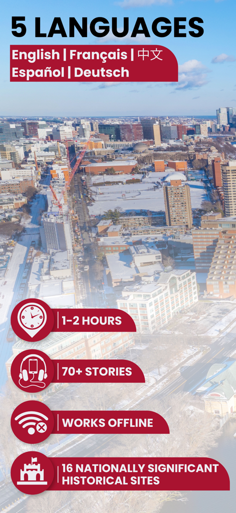 Freedom Trail Boston Guide - Screenshot showcasing the Freedom Trail Boston Guide app features including support for five languages, a one to two hour tour duration, over seventy stories, offline functionality, and sixteen historical sites.