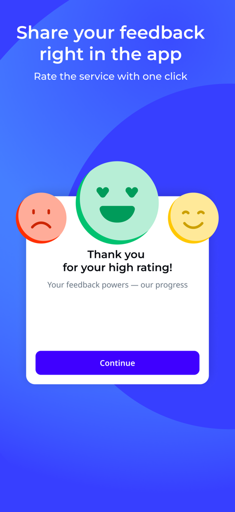 Converse Mobile - Converse Mobile app interface showing a feedback and rating screen with colorful emojis and a thank you message.