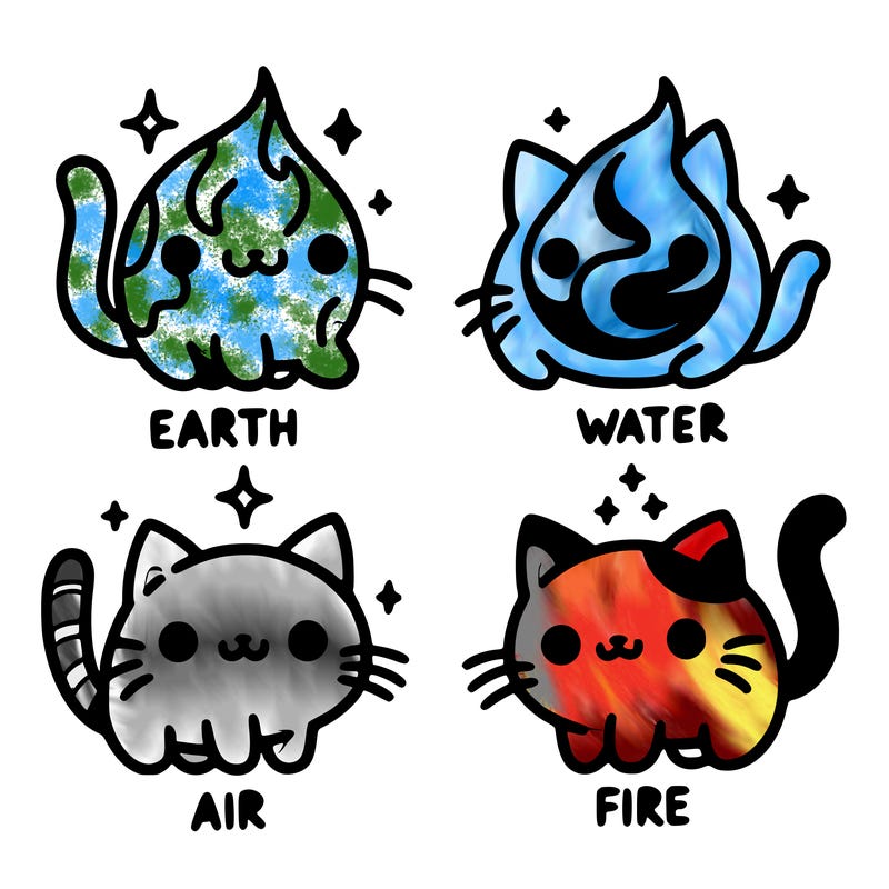 4 cats that represent the different elements, earth, water, air, and fire