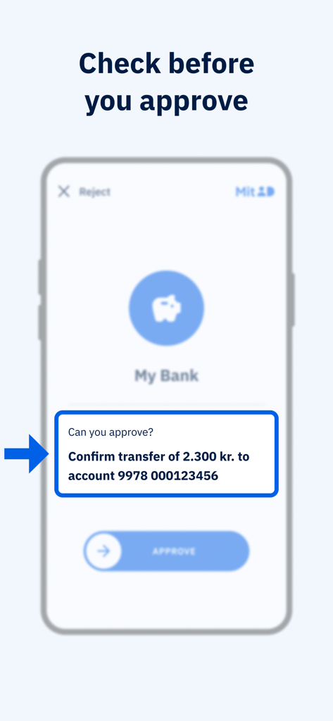 MitID - MitID-App-Oberfläche, die eine Bestätigungsanfrage für eine Banküberweisung mit einer Wisch-zum-Genehmigen-Schaltfläche anzeigt