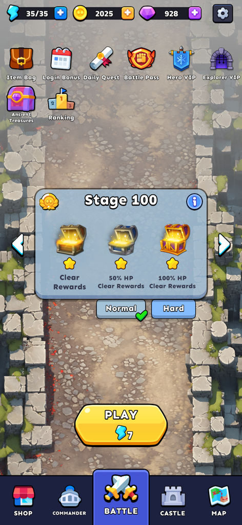 Kings Defender: Tower Defense - Stage 100 selection screen in Kings Defender showing mission rewards and difficulty levels.