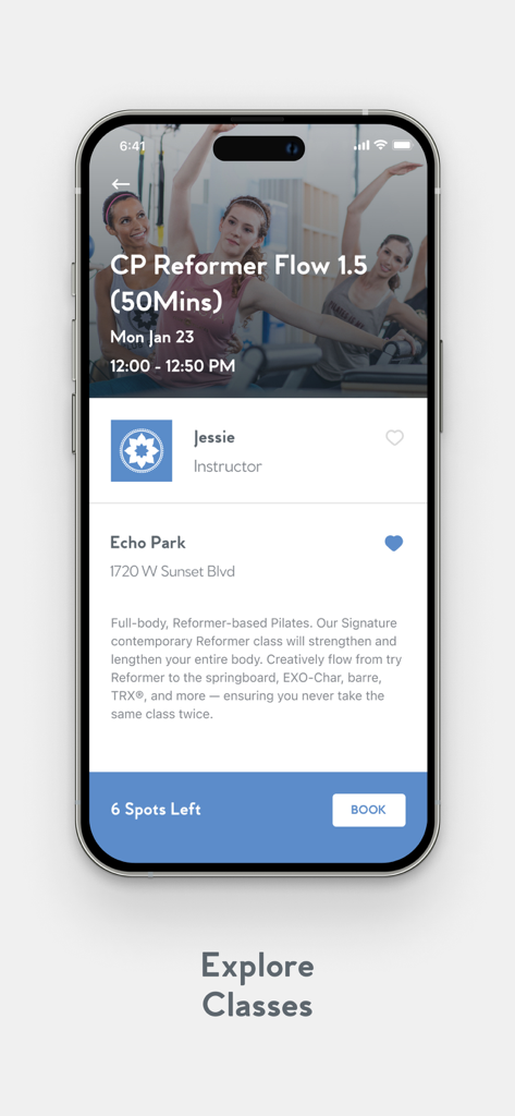 Club Pilates app interface showing details for a Reformer Flow class including time, location, and a book button.
