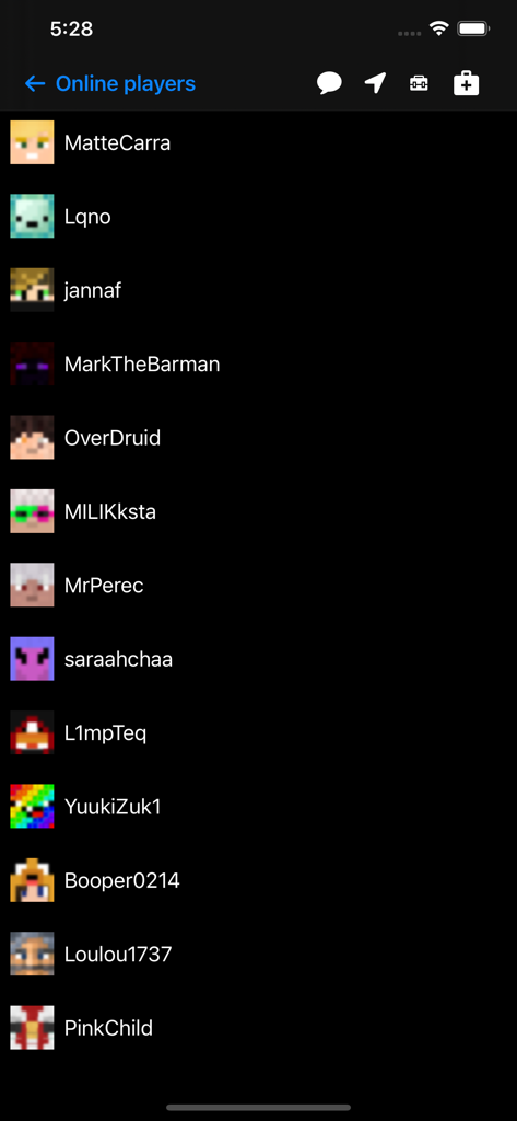 A list of online Minecraft players with their respective skins and usernames in the ChatCraft Pro app interface.