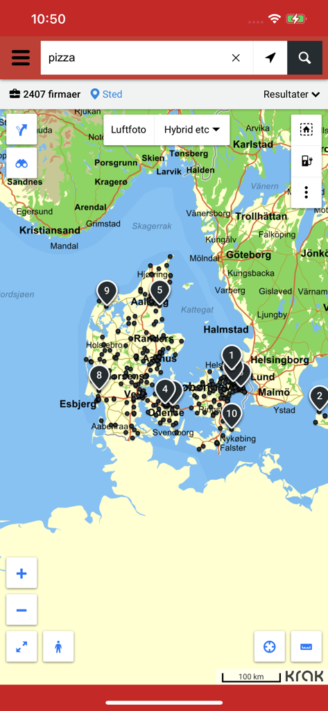 Map view in the Krak app showing search results for businesses in Denmark