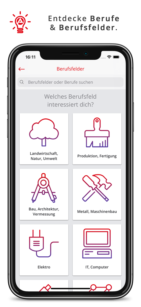 AzubiWelt - AzubiWelt mobile app screen showing various vocational career categories with simple icons