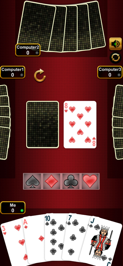 Pantalla de juego del juego de cartas Crazy Eights mostrando una partida contra tres jugadores por computadora.