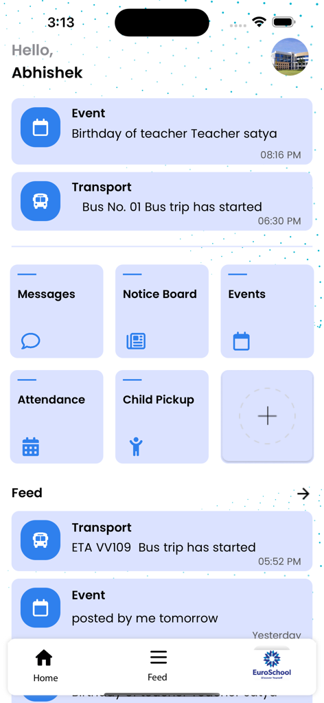 School Diary - School Diary app home screen featuring school events and real-time bus tracking notifications.
