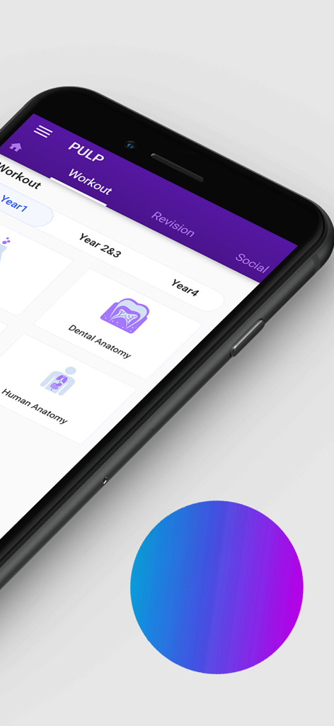 Smartphone displaying the PULP NEET MDS app workout screen featuring dental and human anatomy study modules.