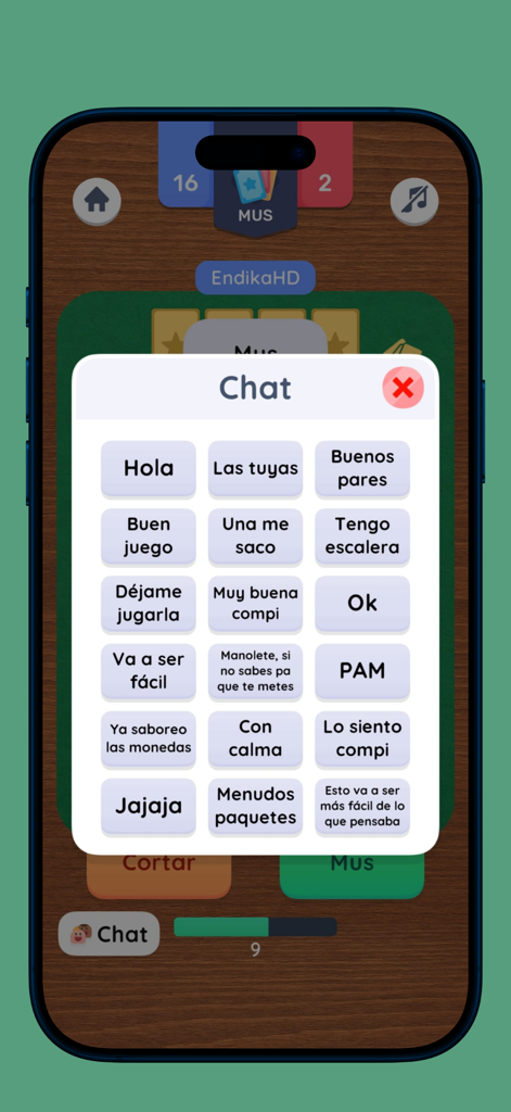 Interfaz de chat dentro del juego de la aplicación móvil Mus Online mostrando botones de mensajes rápidos en español