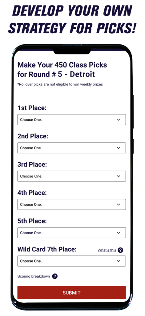Interface of the RMFantasy app showing dropdown menus for selecting top finishers and a wild card for a Supercross race.