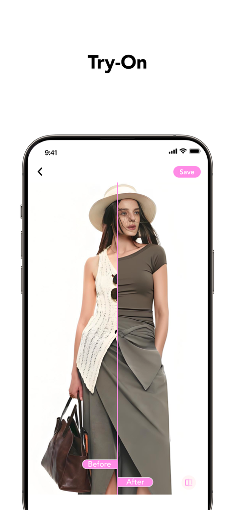 GlowCam: AI Photo Editor - A before and after comparison of the AI try-on feature in the GlowCam app showing a woman changing outfits