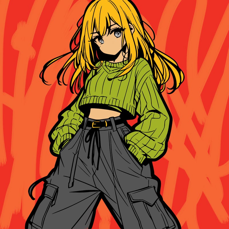 anime teen girl with baggy pants and crop top with sweater