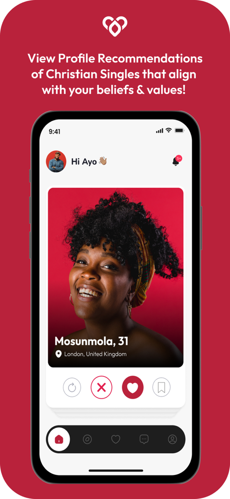 Nexus app interface showing a profile recommendation for Christian singles