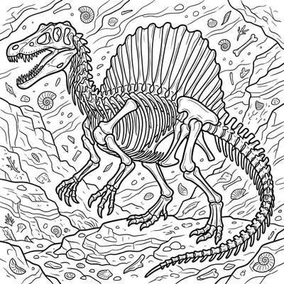 Embark on a prehistoric journey with this detailed Spinosaurus skeleton coloring page. Bring this magnificent ancient predator to life with your favorite colors.