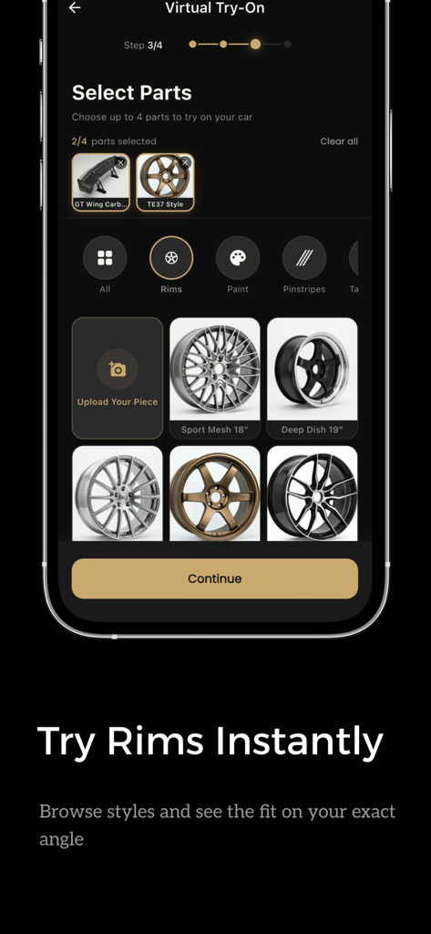 Interface of the AutoMod app showing a variety of car rim styles for virtual customization