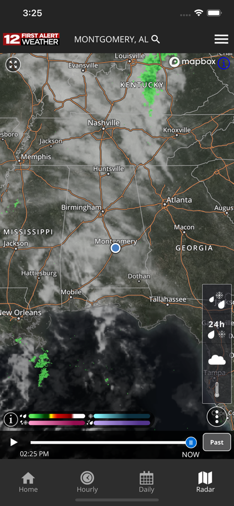 High resolution weather radar map of Montgomery Alabama on the WSFA First Alert Weather mobile app