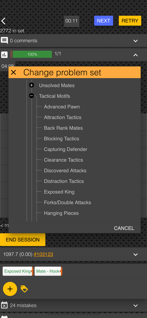 A selection menu in the Chess Tempo app displaying various tactical motifs for customized chess puzzle training