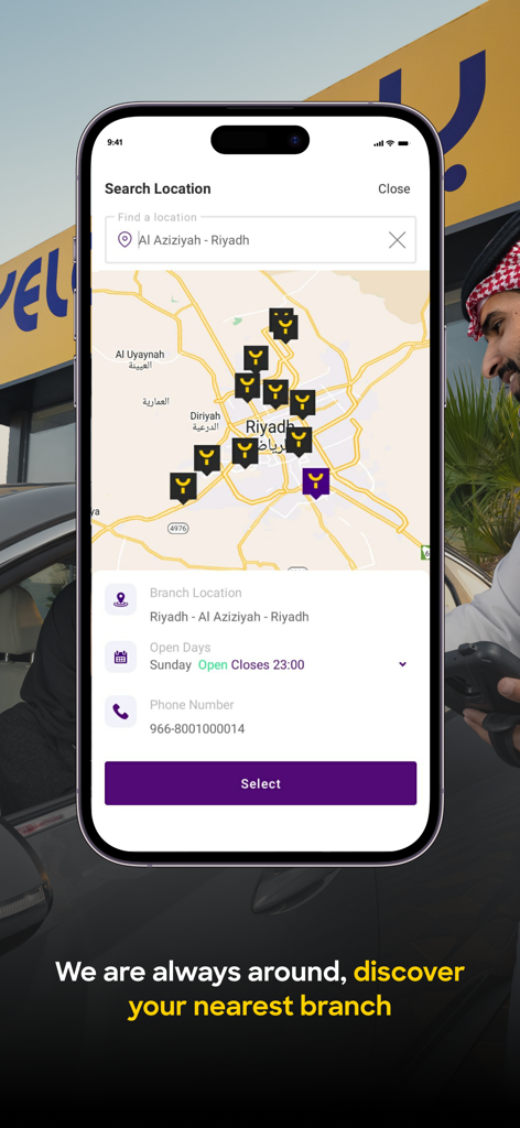 Map showing Yelo car rental branch locations in Riyadh within the mobile app