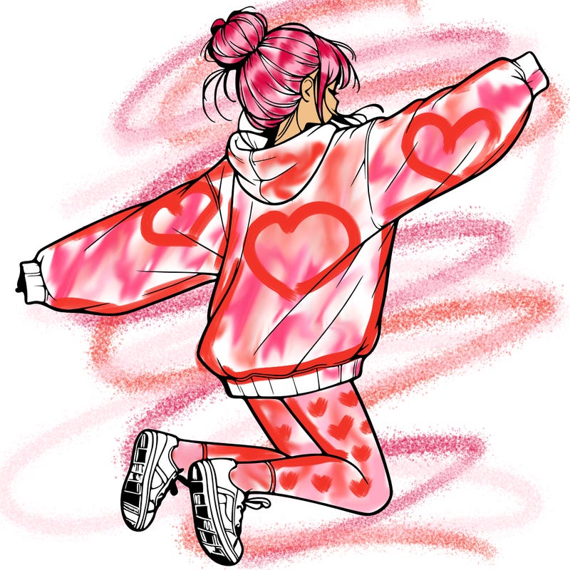 realistic girl jumping with a bun and oversized sweatshirt