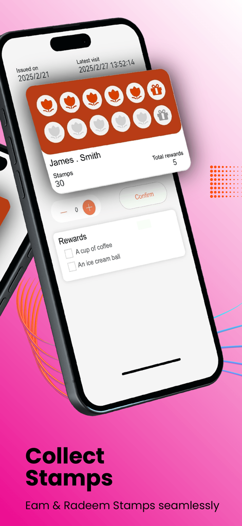 Digitale Treuekarten-Oberfläche auf einem Smartphone-Bildschirm, die gesammelte Stempel und verfügbare Belohnungen anzeigt.