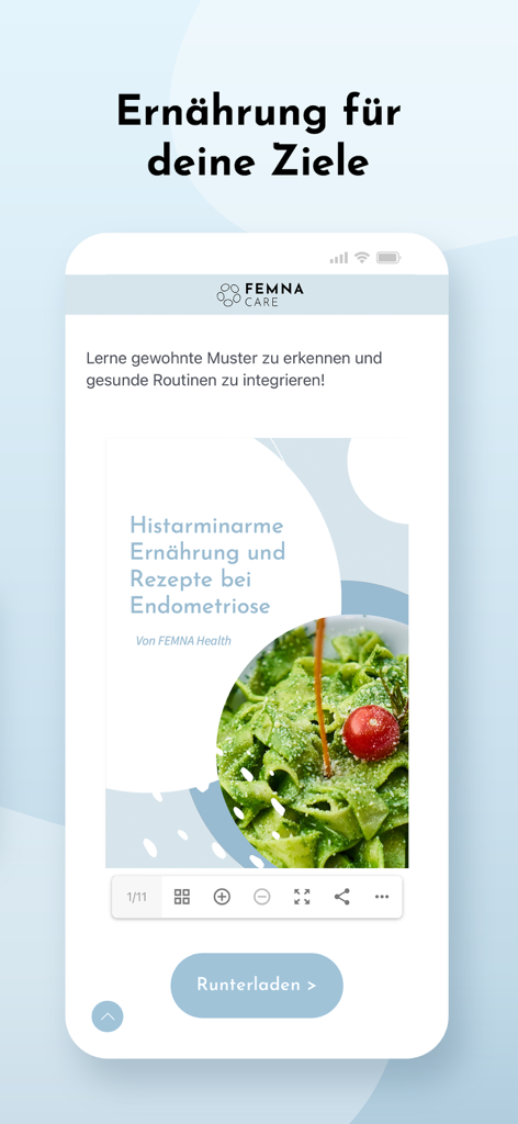 FEMNA Care - FEMNA Care app screen showing low histamine nutrition and recipes for endometriosis