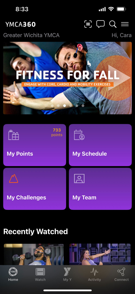 Écran d'accueil de l'application mobile YMCA360 affichant les points personnels, le calendrier et les défis de remise en forme