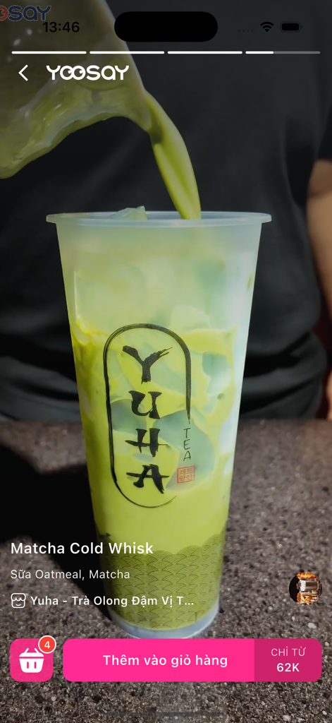 Yoosay - Yoosayアプリのインターフェースに、抹茶コールドウィスク飲料とカートに追加ボタンが表示されています