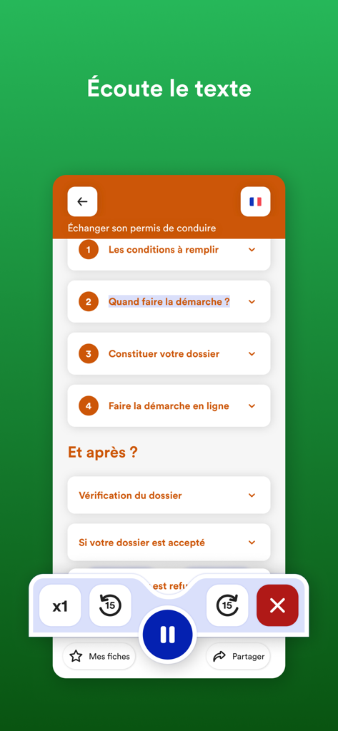 Réfugiés.info - Interface of the Refugies info app displaying an audio playback feature for administrative procedures