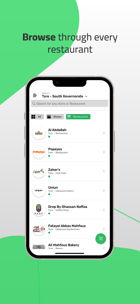 markit app - Interface da aplicação Markit a mostrar uma lista de restaurantes locais disponíveis para entrega em Tiro, Líbano
