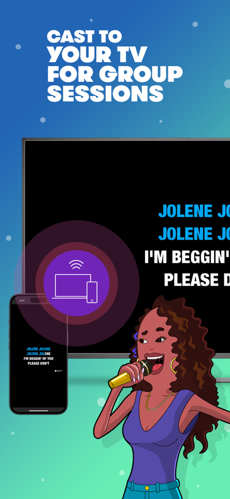 Stingray Karaoke Party - An illustration of a woman singing karaoke with song lyrics synchronized between a smartphone and a TV screen.