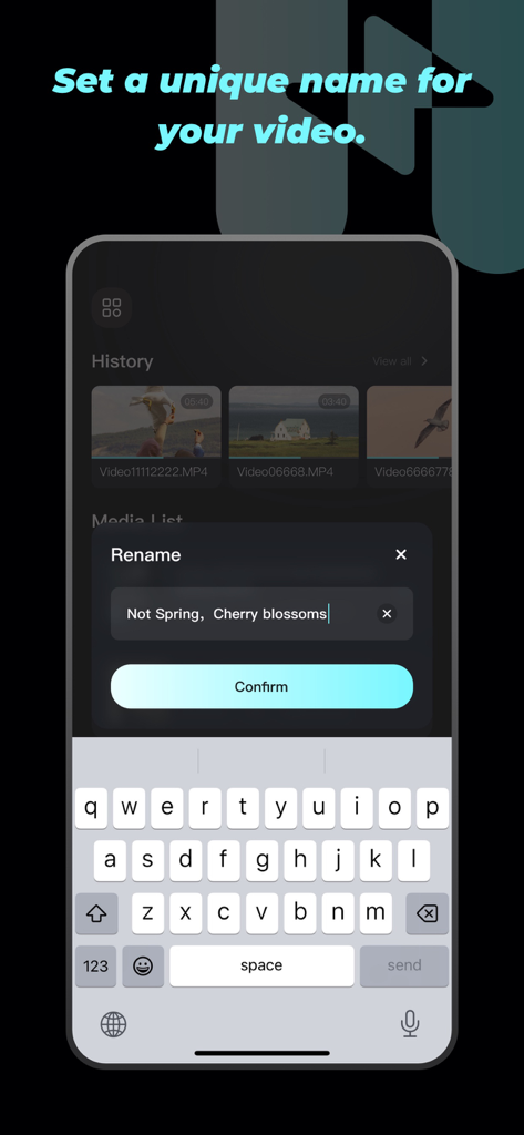 Hush-Pure Enjoyment - A smartphone screen showing the video rename feature within the Hush app library