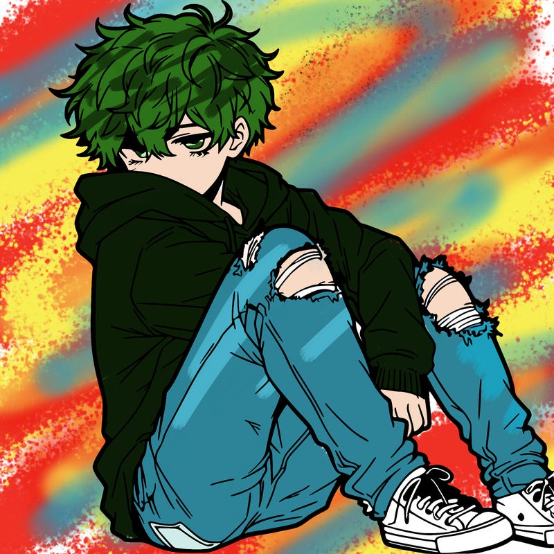 a male hoddie ripped jeans messy hair anime