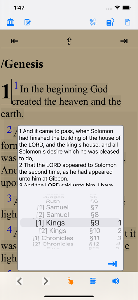 La Bible(Louis Segond 1910) - French Bible app interface showing Genesis text and a book selection picker overlay