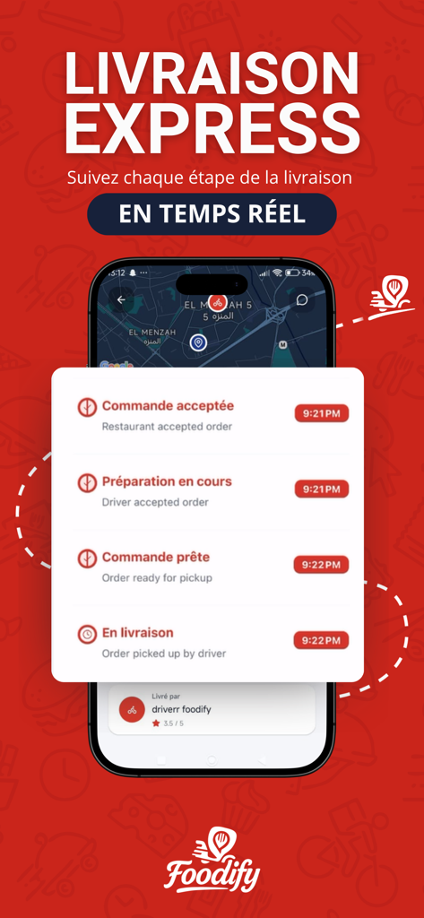 Foodify Delivery - Mobile interface of the Foodify Delivery app showing real-time order status updates and map tracking.